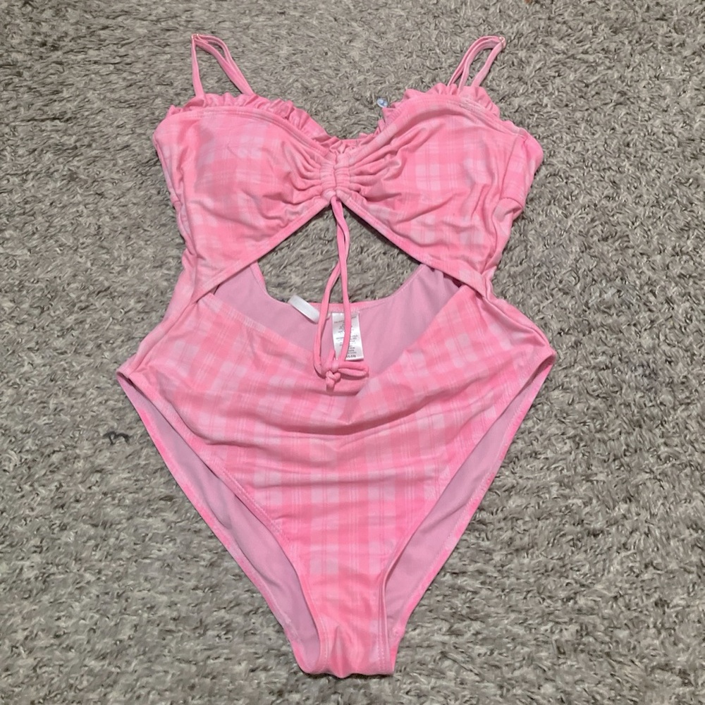 Pink plaid one piece bathing suit open back ruffles adjustable straps
